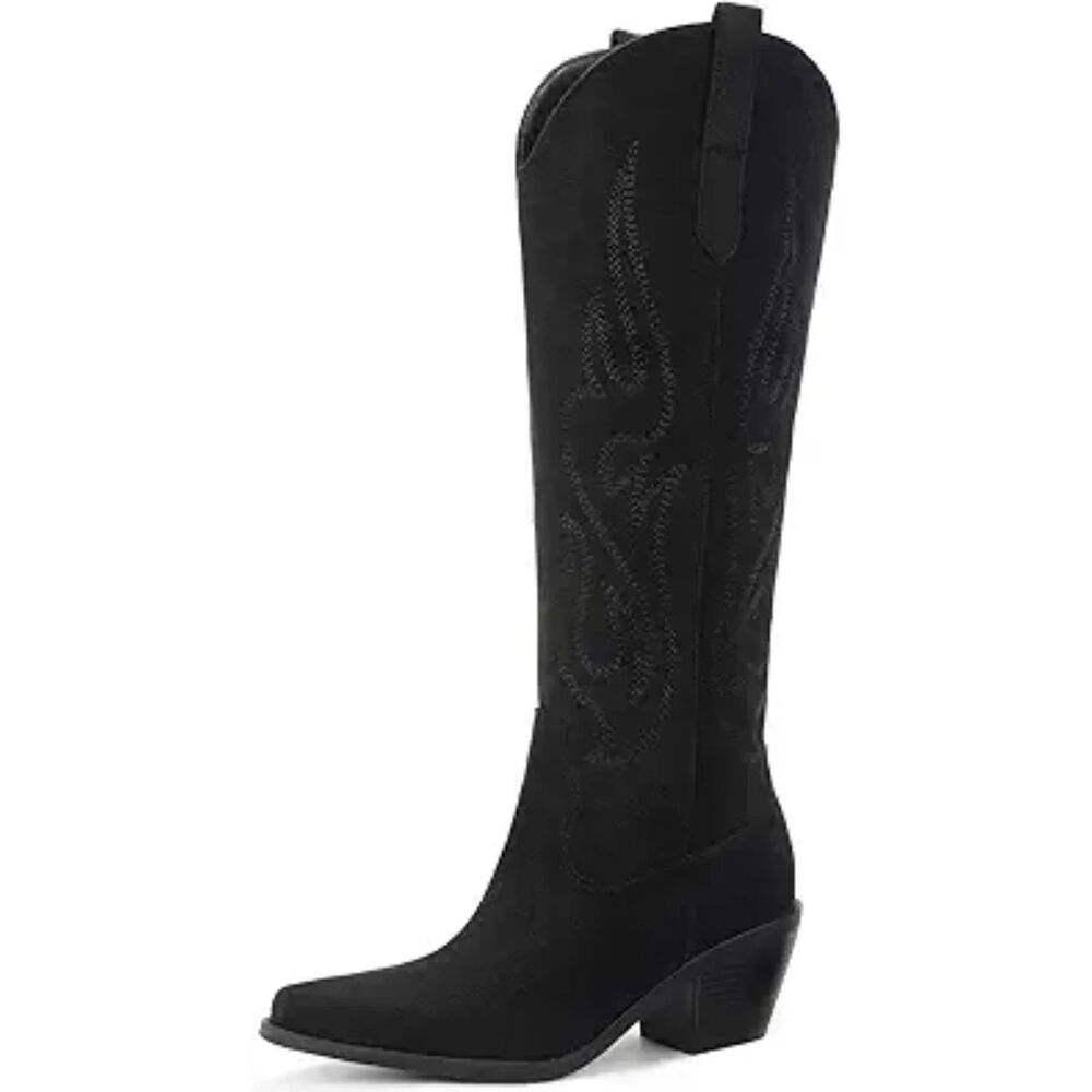 Women's Black Suede High Wide Calf Slip On Pointed Toe Chunky Heel Cowgirl Boots